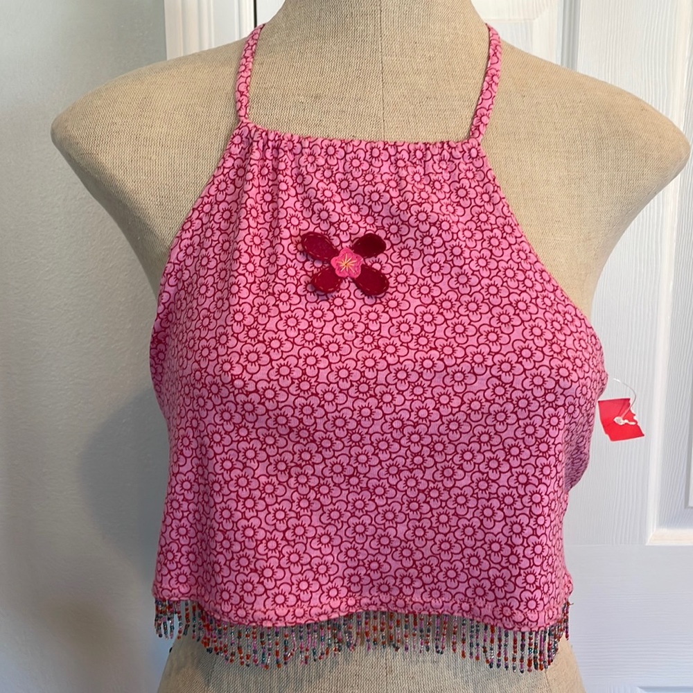 psketti Crop top halter beaded embellished floral girls size 10 pink